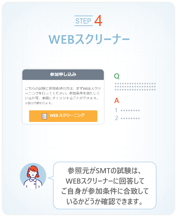 ステップ４　WEBスクリーナー　参照元がSMTの試験はWEBスクリーナーに回答してご自身が参加条件に合致しているかどうか確認できます。
