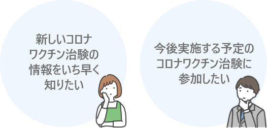 新しいコロナワクチン治験の情報をいち早く知りたい。今後実施する予定のコロナワクチン治験に参加したい。