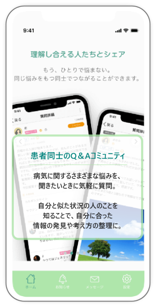 患者同士のQ＆Aコミュニティ。 病気に関するさまざまな悩みを、 聞きたいときに気軽に質問。 自分と似た状況の人のことを 知ることで、自分に合った 情報の発見や考え方の整理に。