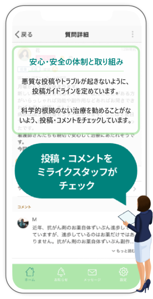 安心・安全の体制と取り組み。 悪質な投稿やトラブルが起きないように、 投稿ガイドラインを定めています。 科学的根拠のない治療を勧めることがないよう、投稿・コメントをチェックしています。