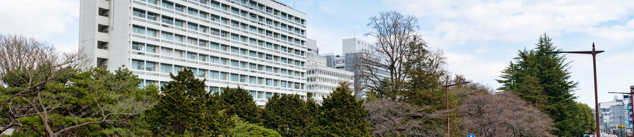 白い外壁の中高層ビルが青空の下に建っている