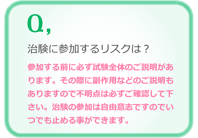 治験に参加するリスクはありますか？治験に参加する前に必ず試験全体のご説明があります。その際に副作用などのご説明もありますので不明点は必ずご確認するようにして下さい。治験の参加は自由意志ですのでいつでも止める事ができます。