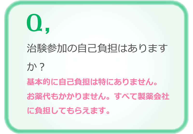 治験参加の自己負担はありますか？自己負担は特にありません。